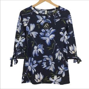 Mai Soli Navy Floral Print Top Size S Tie Sleeves NWT Made In USA